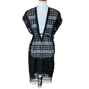 Profile By Gottex Black Crochet‎ Lace Cover Up Dress Medium Deep V Swim Beach